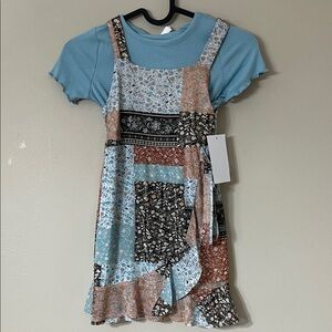 Rare Editions Blue and Brown Patchwork Dress with Hair Scrunchie